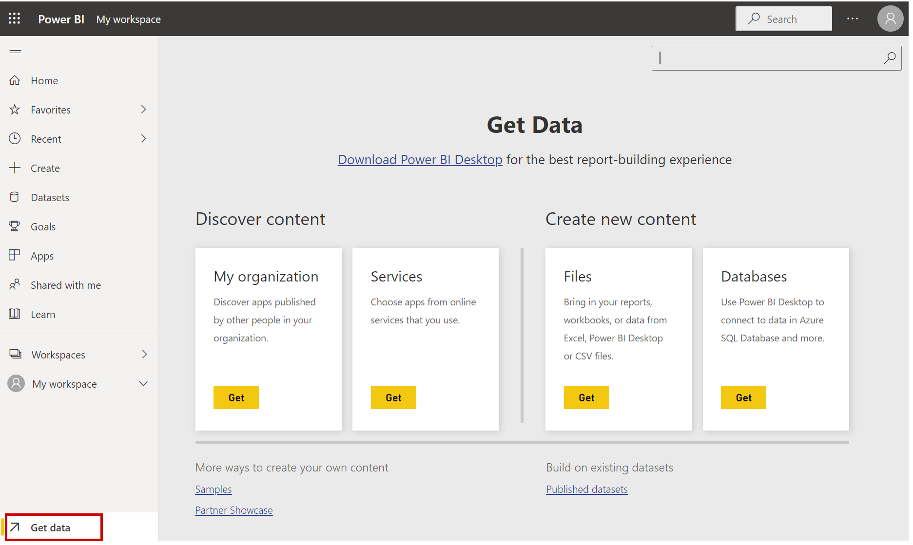取得服務中的 Power BI 資料
