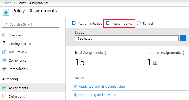 Screenshot that shows assigning a policy in the Azure portal.