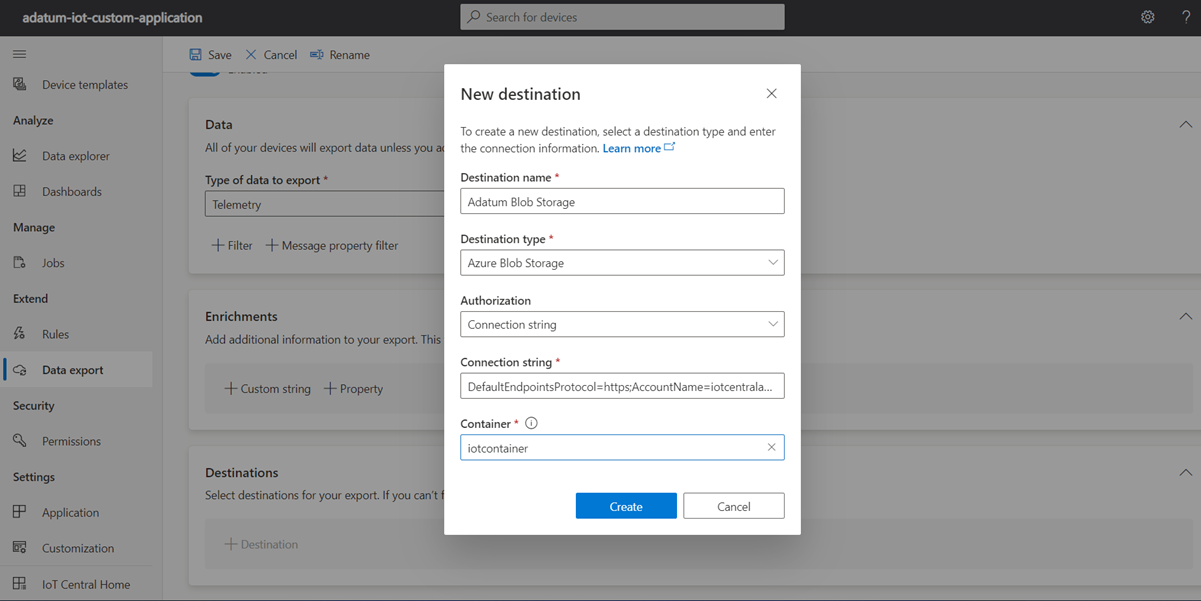 Screenshot of the Azure IoT Central application export new destination settings.
