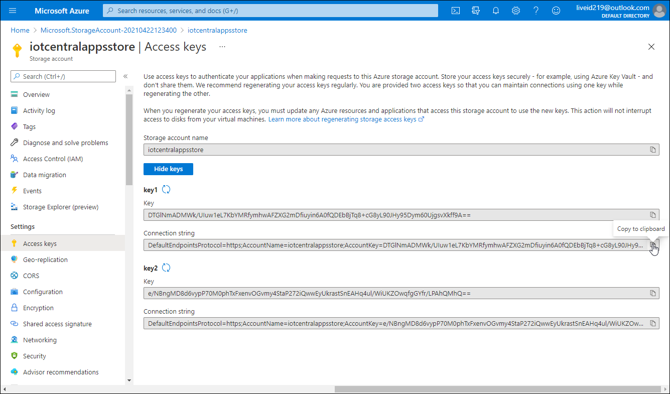 Screenshot of the Azure portal, Access keys blade.