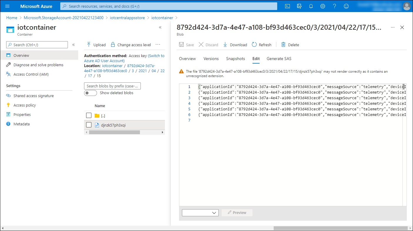 Screenshot of the content of a blob representing telemetry exported from the Azure IoT Central application.