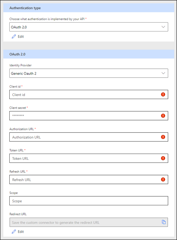 Screenshot of the form for specifying Generic OAuth 2.0 authentication parameters for custom connector.