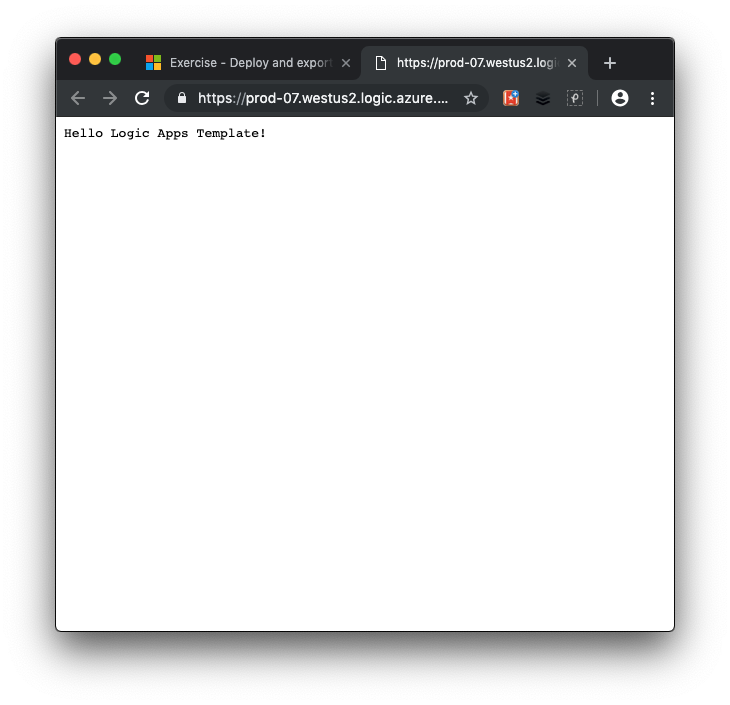網頁瀏覽器的螢幕擷取畫面,其中顯示來自基本邏輯應用程式工作流程的回應。