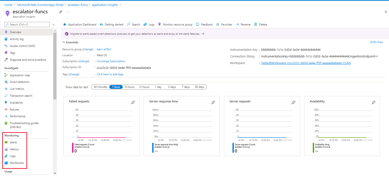 螢幕擷取畫面顯示 HTTP 函式 Application Insights 儀表板,並將函式結果、對應的 HTTP 狀態碼和監視功能表項目醒目提示。