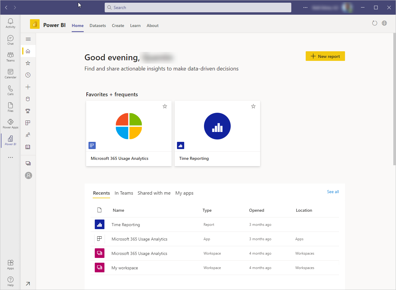 Screenshot of the Power BI app for Teams launch page.