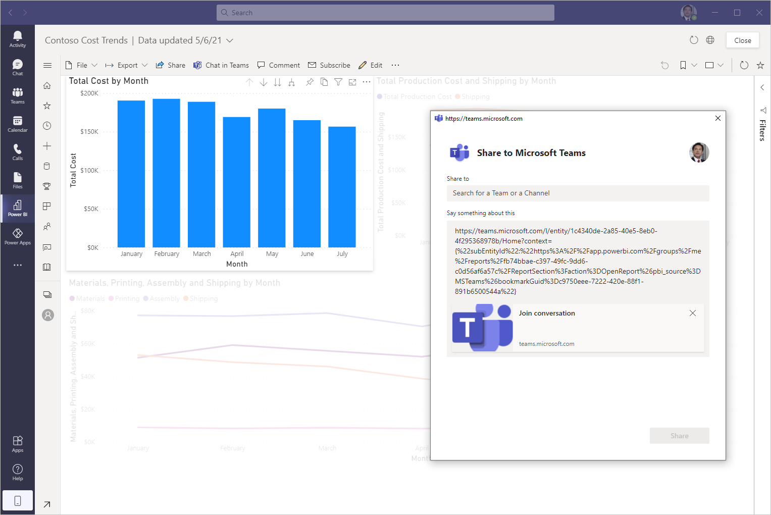 Screenshot of Teams with the Share to Microsoft Teams dialog box open.