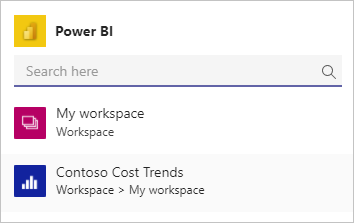 Screenshot of the Power BI menu with the reports listed.