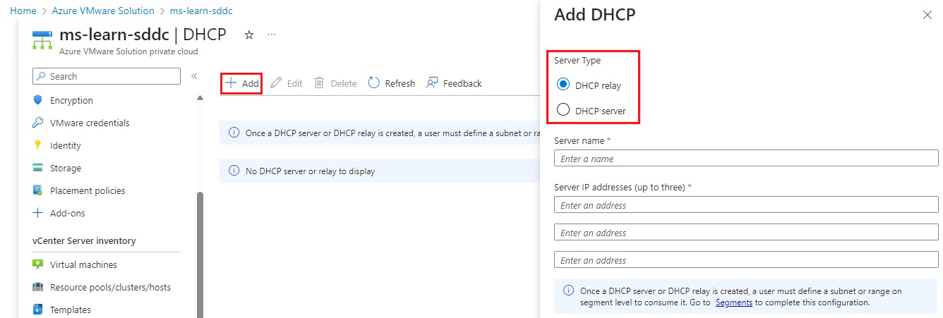 Azure 入口網站的螢幕擷取畫面,其中顯示如何將 DHCP 伺服器或 DHCP 轉送新增至 Azure VMware 解決方案私人雲端。
