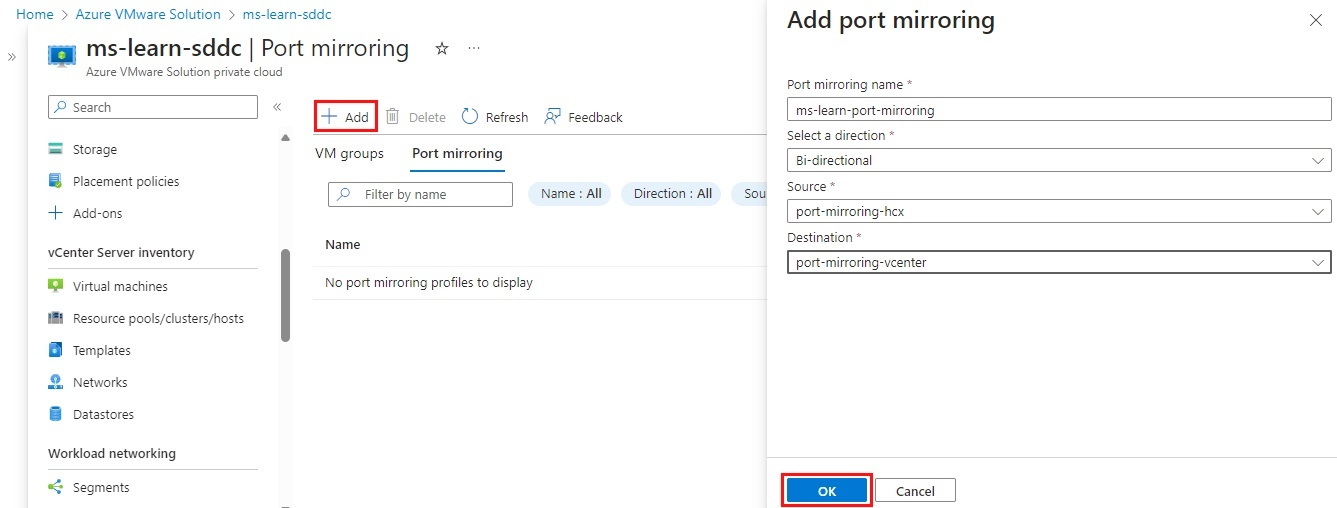 Azure 入口網站的螢幕擷取畫面,其中顯示如何新增連接埠鏡像設定檔。