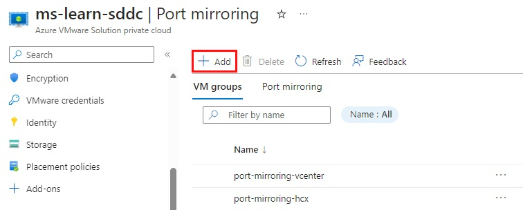 Azure 入口網站的螢幕擷取畫面,其中顯示設定目的地 VM 或 VM 群組相關連接埠鏡像的位置。