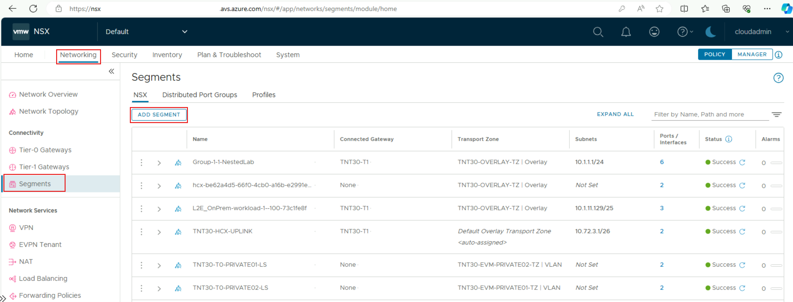 如何在 NSX Manager 中新增區段的螢幕擷取畫面。