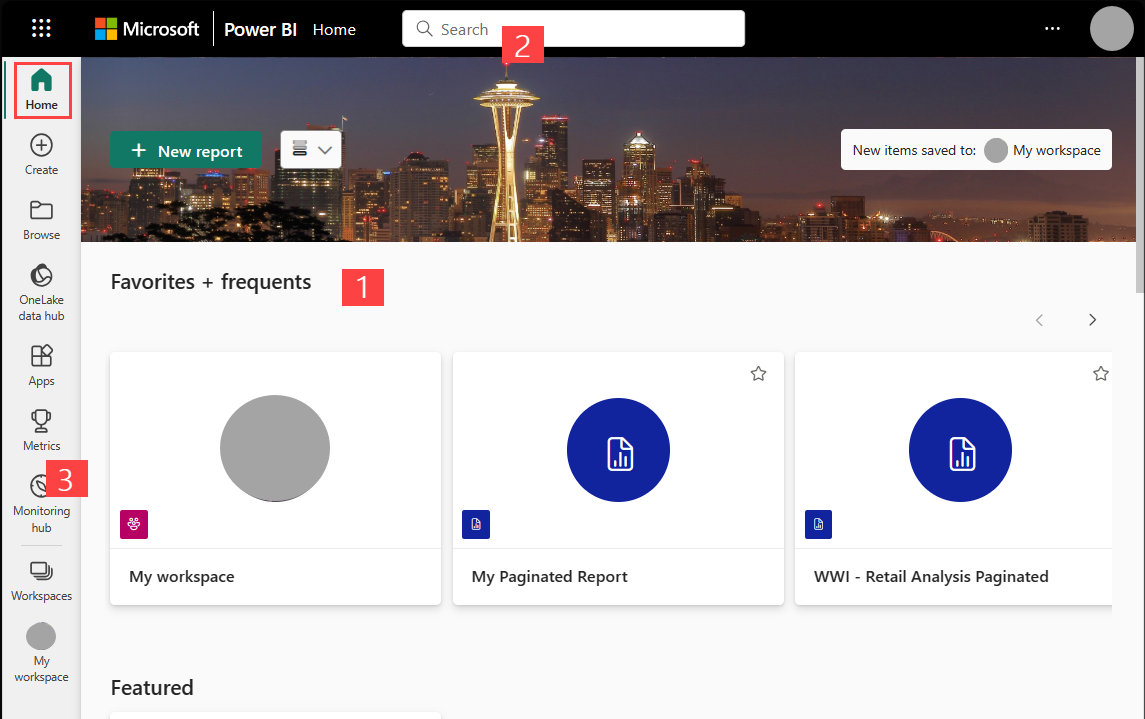 顯示 Power BI 首頁 畫布的螢幕快照。