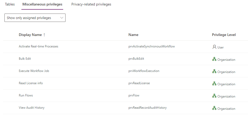 Screenshot of miscellaneous privileges in PPAC.