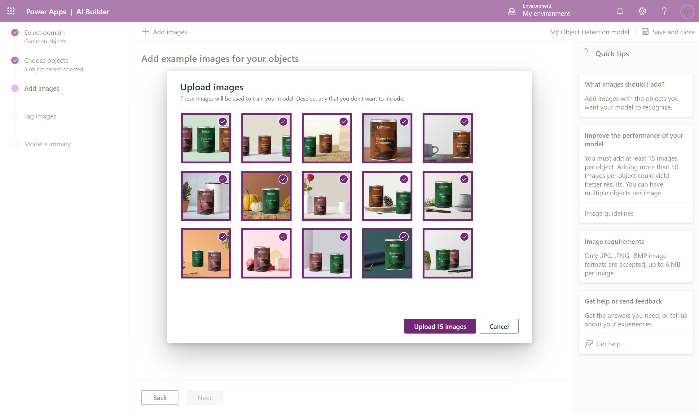 The Add images step allows you to upload images.