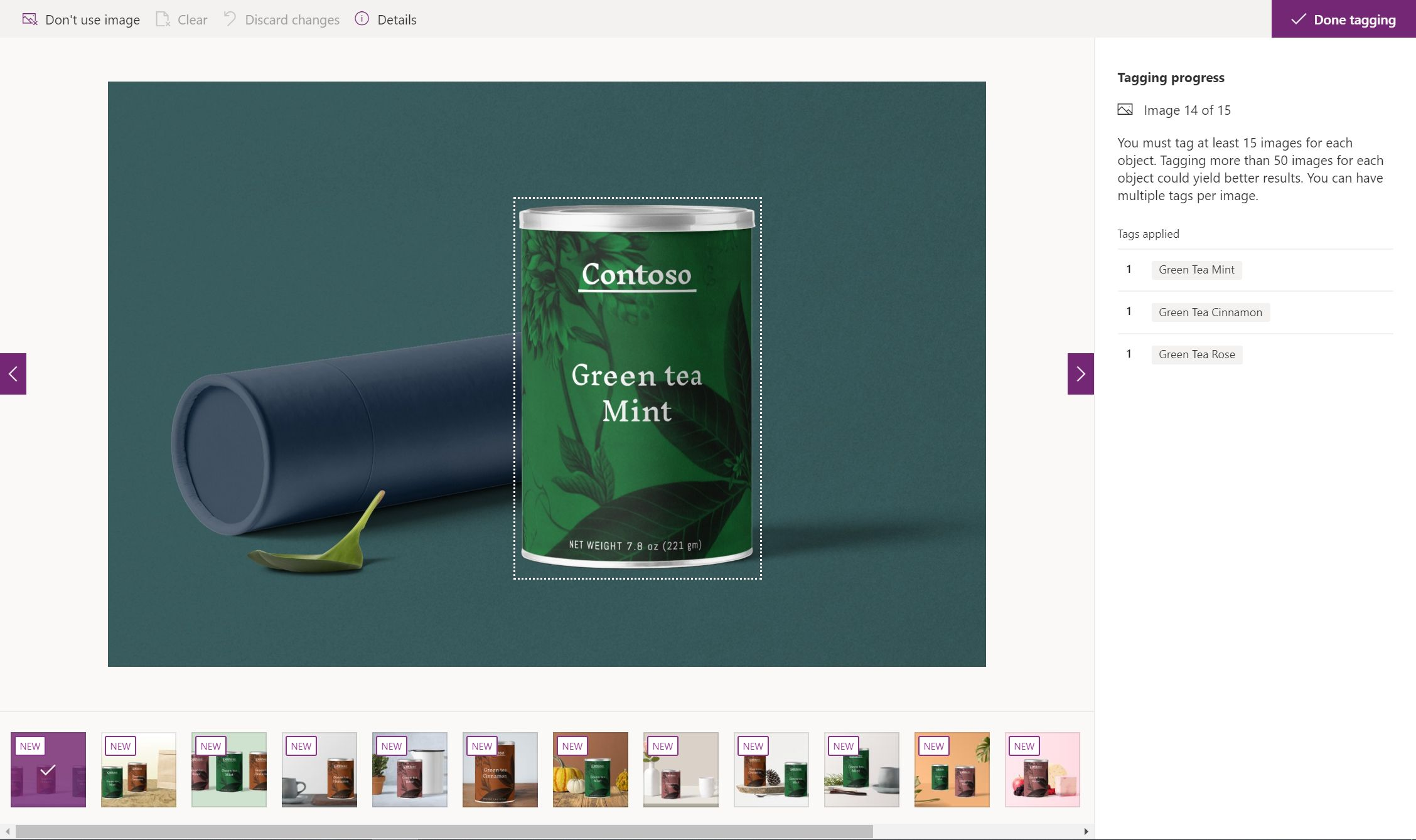 In the Object tagging screen, Tagging progress shows image 14 of 15, on which a can of Contoso Green tea Mint is outlined.