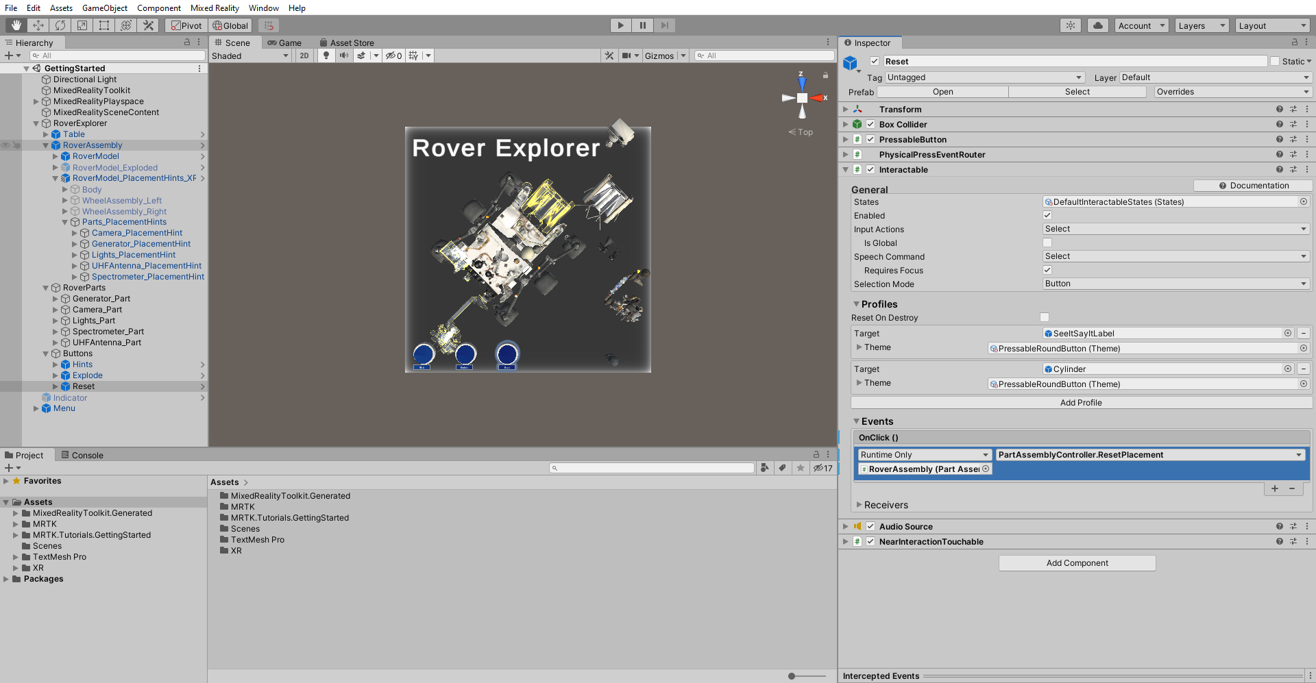 Screenshot of Unity with Reset button object OnClick event configured.