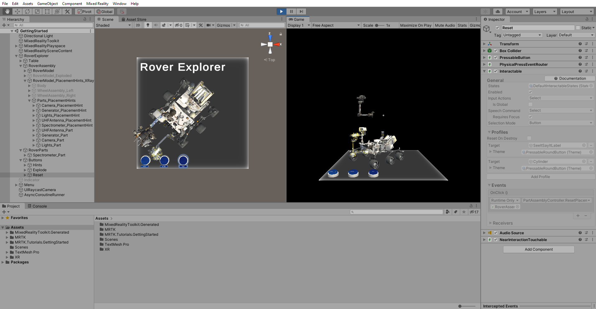 Screenshot of Unity Play mode split view with Reset button being pressed.