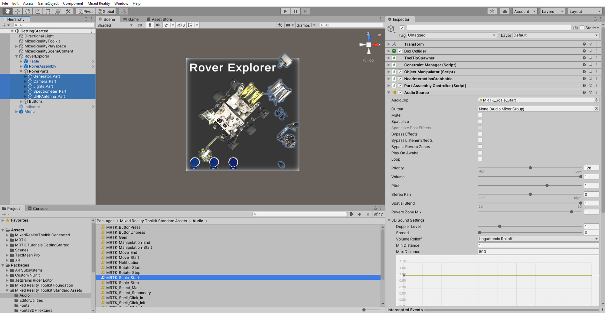 Screenshot of Unity with all rover parts selected and Audio Source component added and configured.