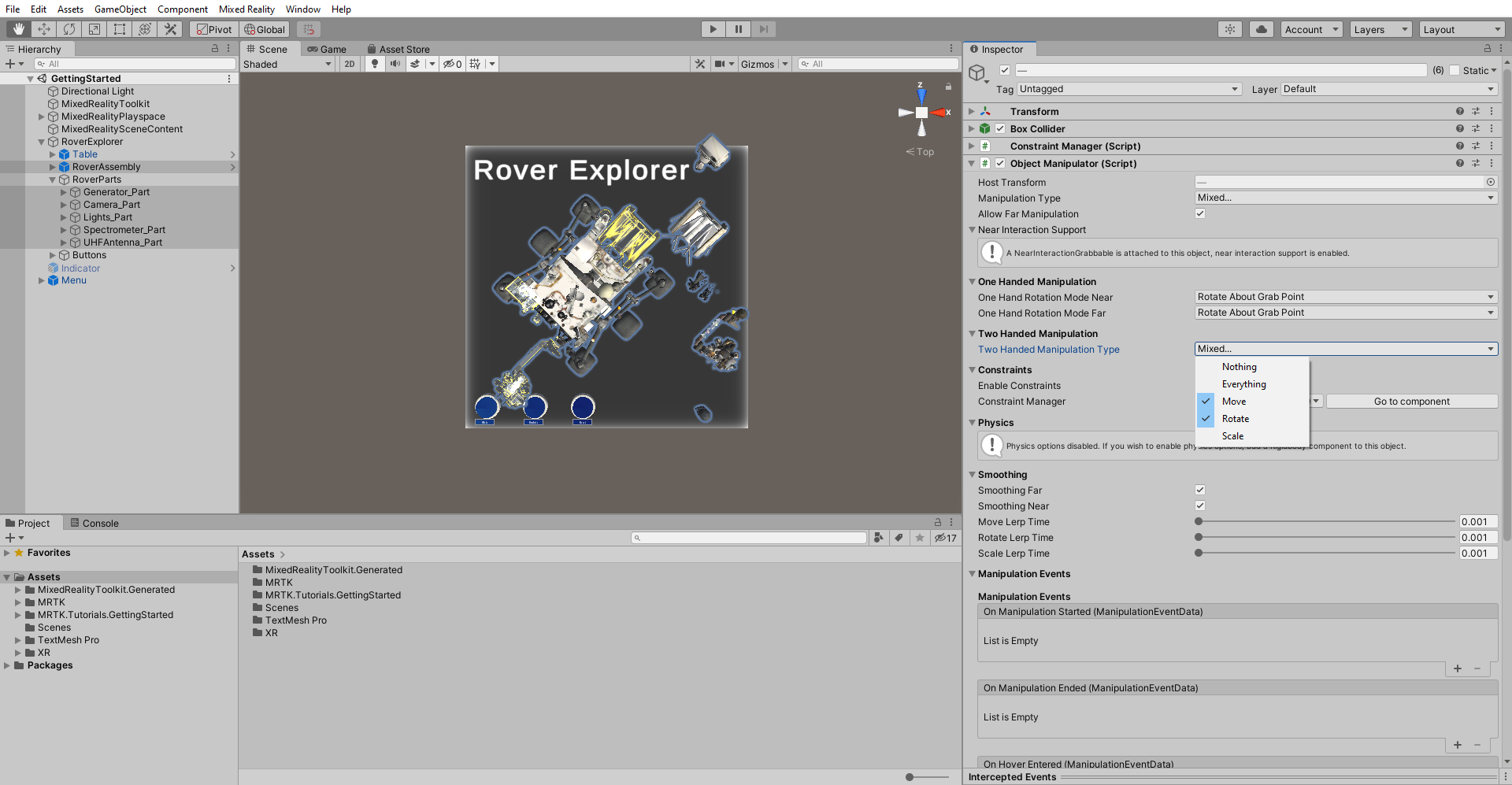 Screenshot of Unity with Two Handed Manipulation Type configured.