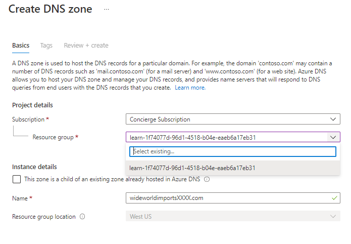 Screenshot of Create DNS zone page.