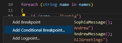 顯示 Visual Studio Code 編輯器中設定條件斷點選項的螢幕快照。