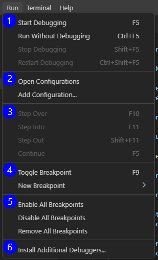 顯示 Visual Studio Code [執行] 選單與偵錯選項的螢幕快照。