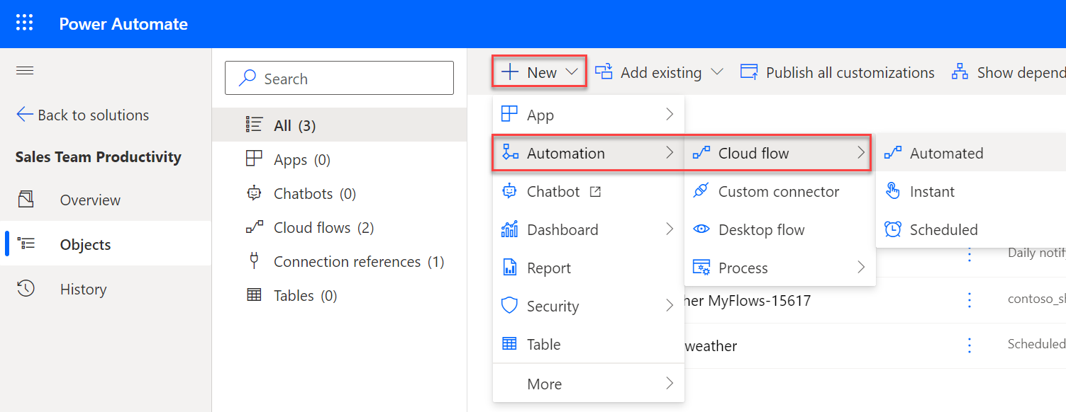 Screenshot of a new cloud flow being added to a solution.