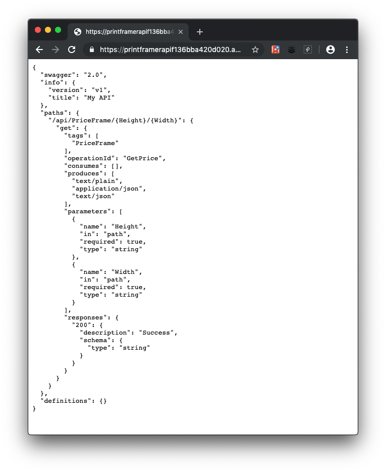 Swagger.json response in the browser showing the definition of our API.