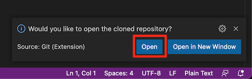 Screenshot of Visual Studio Code that shows a prompt to open the cloned repository, with the Open button highlighted.