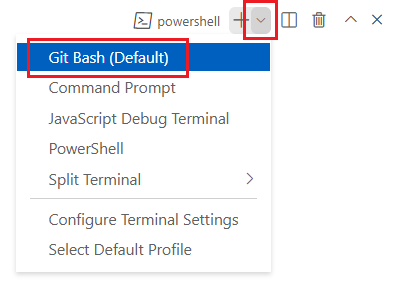 Screenshot of the Visual Studio Code terminal window, with the terminal shell dropdown shown and Azure Cloud Shell (bash) selected.