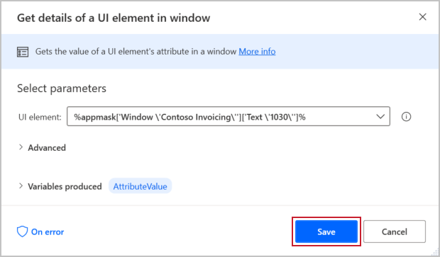 Screenshot of the Get details of a UI element in window dialog with the Save button highlighted.