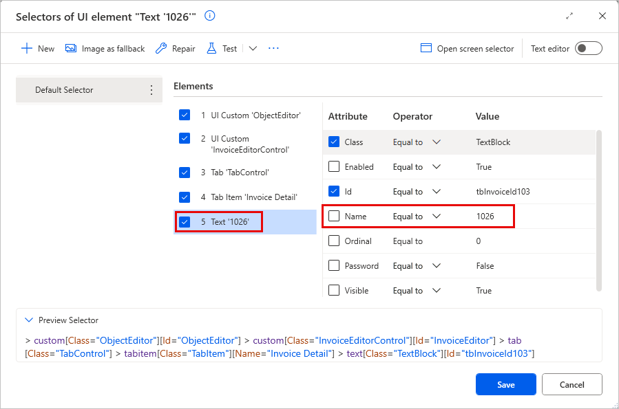 Screenshot of the Selector builder dialog.