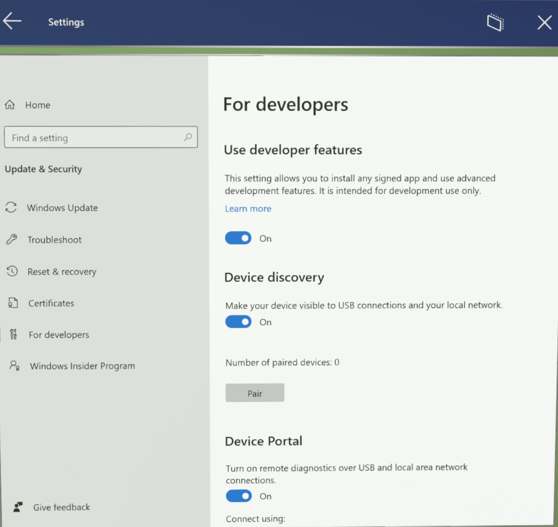 Screenshot shows enabling the developer mode.