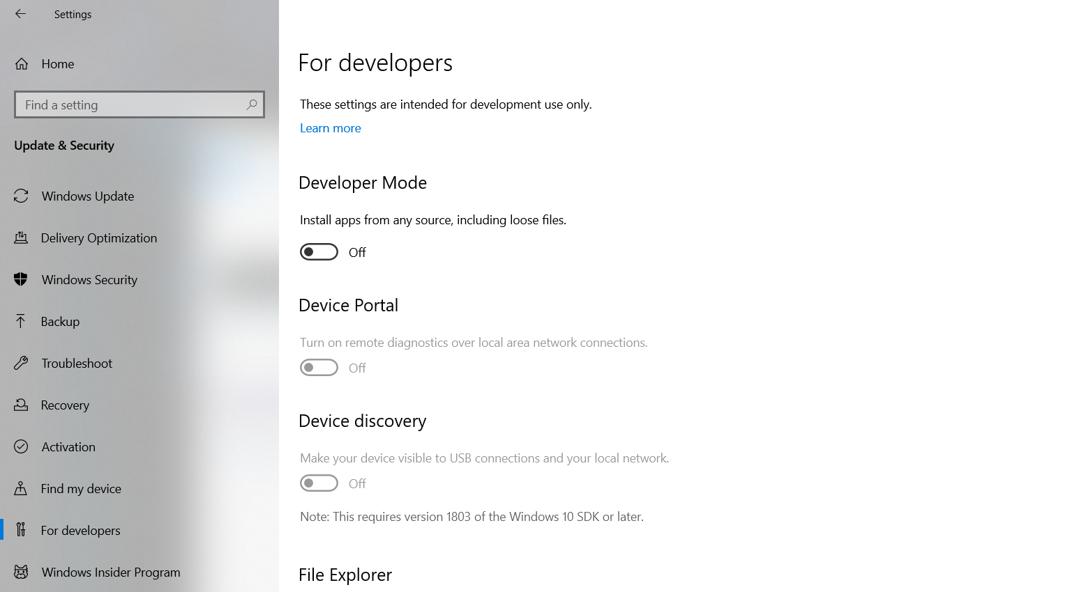 Screenshot of Select For developers option.