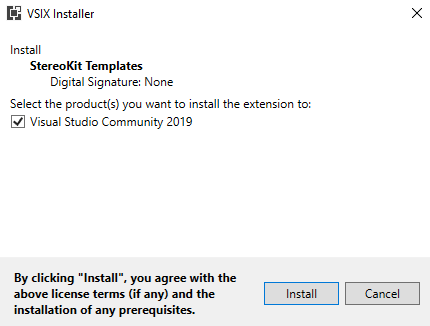 Screenshot of VSIX installer dialogue box.