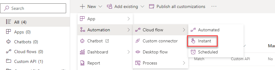 Screenshot showing the create instant cloud flow button.