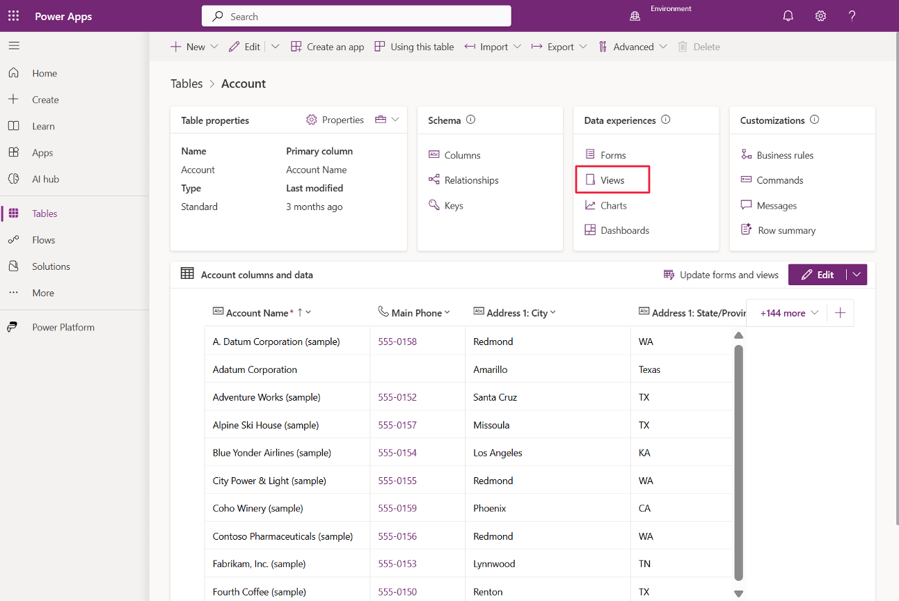 Screenshot of the Tables editor screen with Views selected under the Data experiences pane.