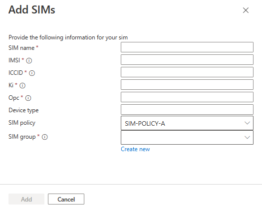 A screenshot that shows the Add SIMs dialogue box with the fields for SIM values.