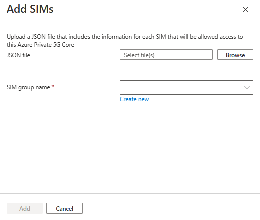 A screenshot that shows the Add SIMs dialogue box with the fields for using a JSON file.