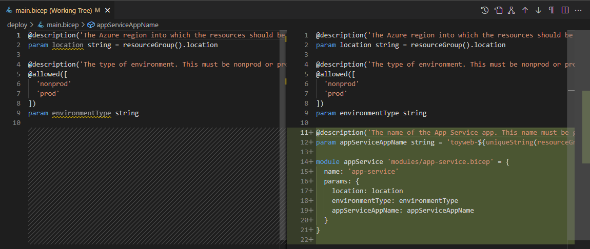 Screenshot of Visual Studio Code that shows the differences between the current main.bicep file and the modified version.