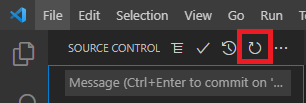 Screenshot of Visual Studio Code that shows Source Control, with the Refresh toolbar icon highlighted.