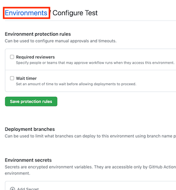 Screenshot of the GitHub page for a new environment named Test, with the Environment link.