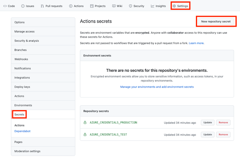 Screenshot of GitHub that shows the Secrets menu item under the Settings category.