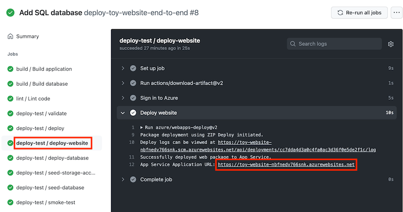 Screenshot of GitHub Actions showing the workflow log for the test environment's deploy-website job. The URL of the App Service app is highlighted.