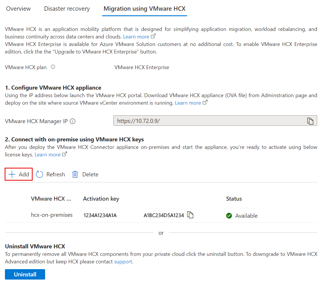 在 Azure 入口網站中新增 VMware HCX 進階密鑰的螢幕快照。