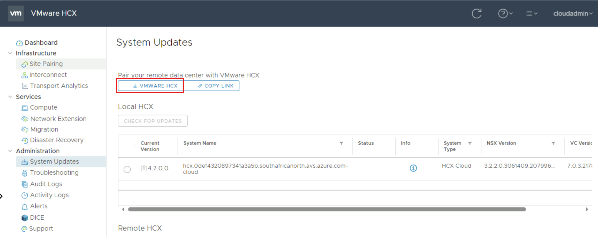 選取 VMware HCX 的螢幕快照,其中會下載 OVA 檔案以進行內部部署。