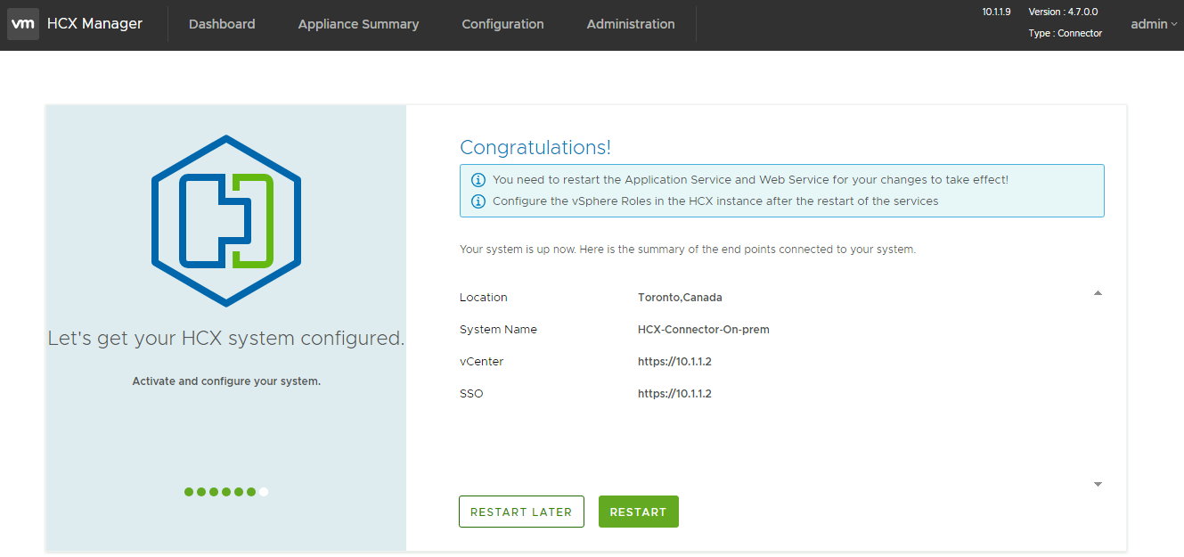VMware HCX Connector 內部部署設定完成的螢幕截圖。