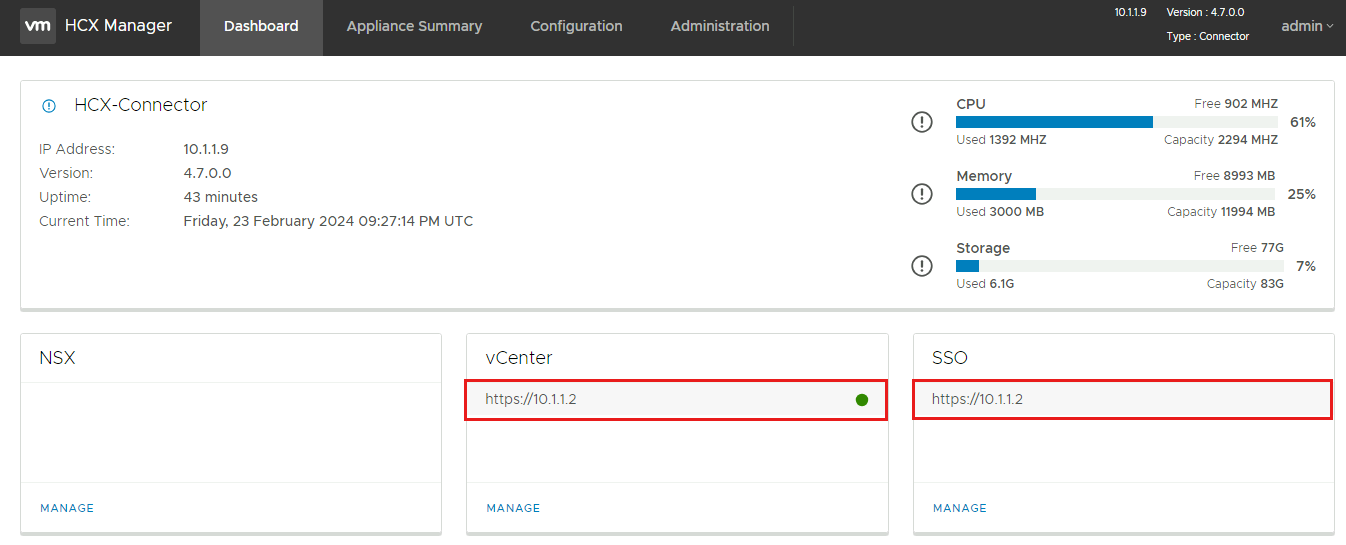 在內部部署 VMware HCX Connector 設備中正確設定 vCenter 和 Platform Services Controller SSO 的螢幕擷取畫面。