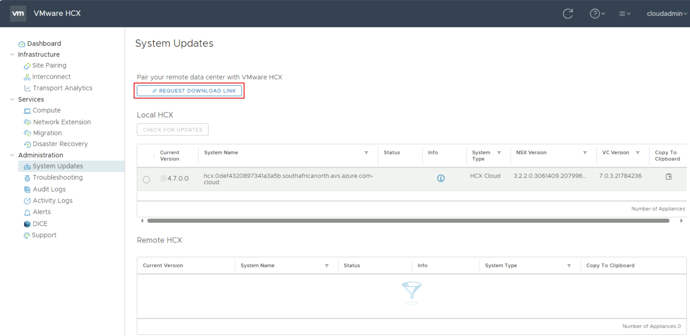 顯示如何請求 VMware 本地端環境中的 VMware HCX Connector OVA 檔案下載連結的螢幕截圖。