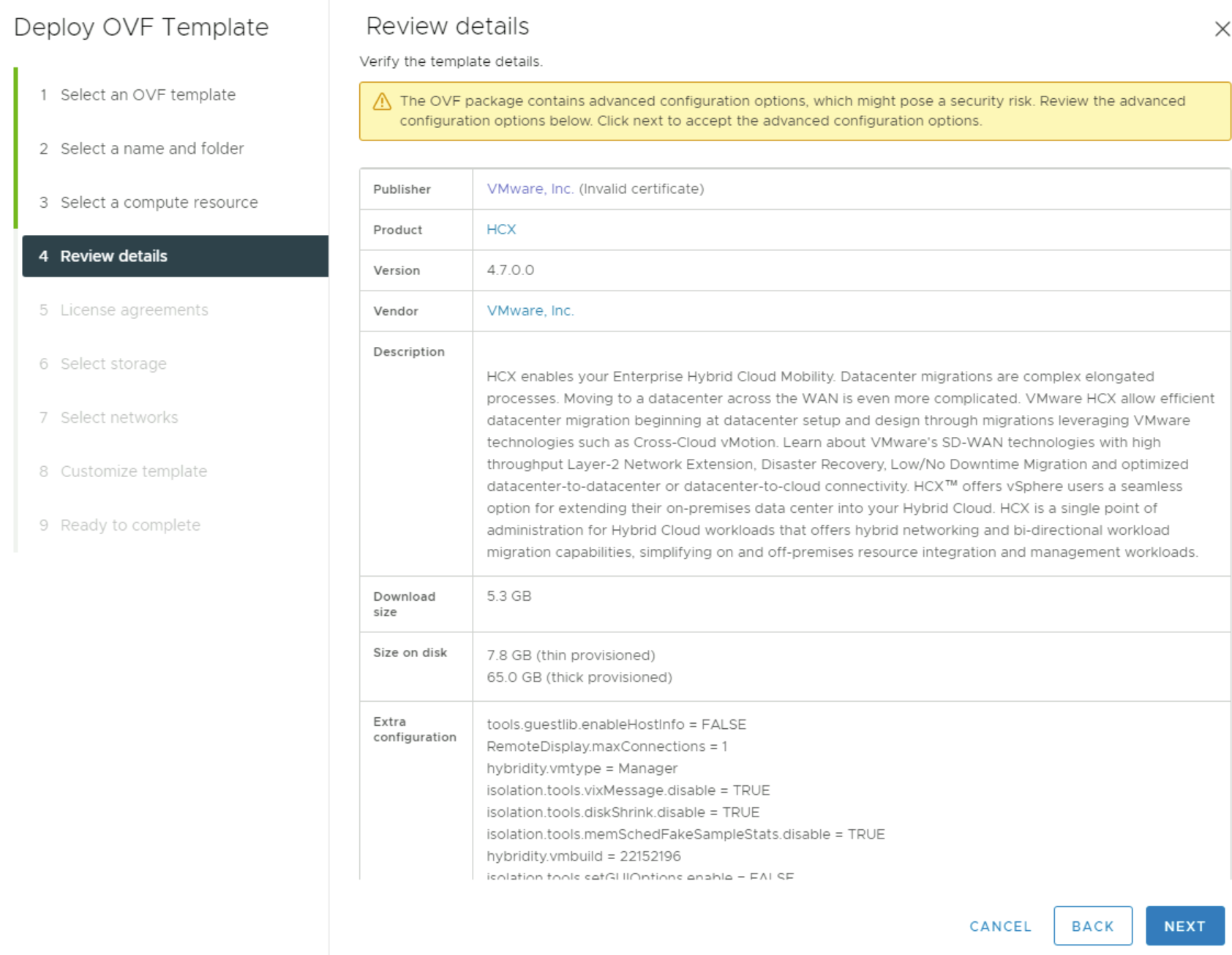 檢閱 VMware HCX 連接器設備的進階設定詳細數據的螢幕快照。